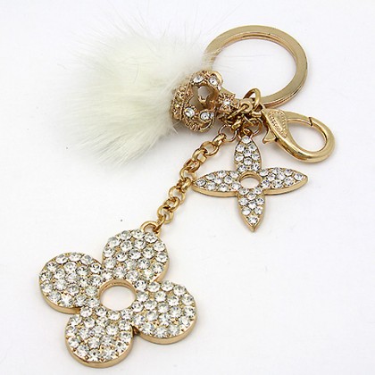 Key Chain - 12 PCS - Rabbit Fur w/ Rhinestone Florwers & Crown - White - KC-YI5352WT